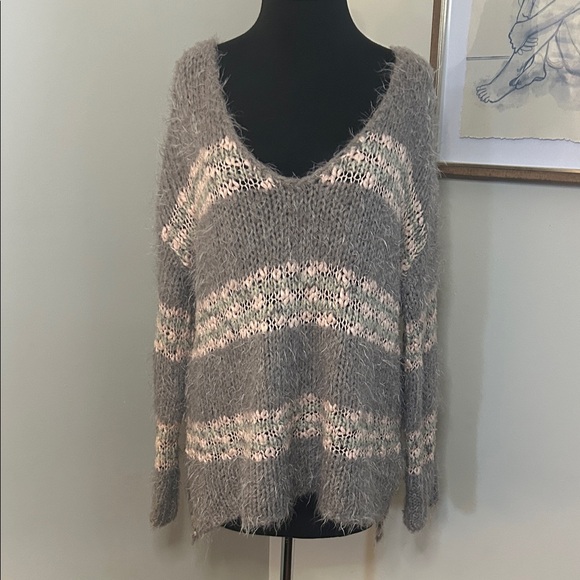 Free People Sweaters - Free People | Linus Striped Eyelash Wool Blend Sweater Gray Pink-Size medium